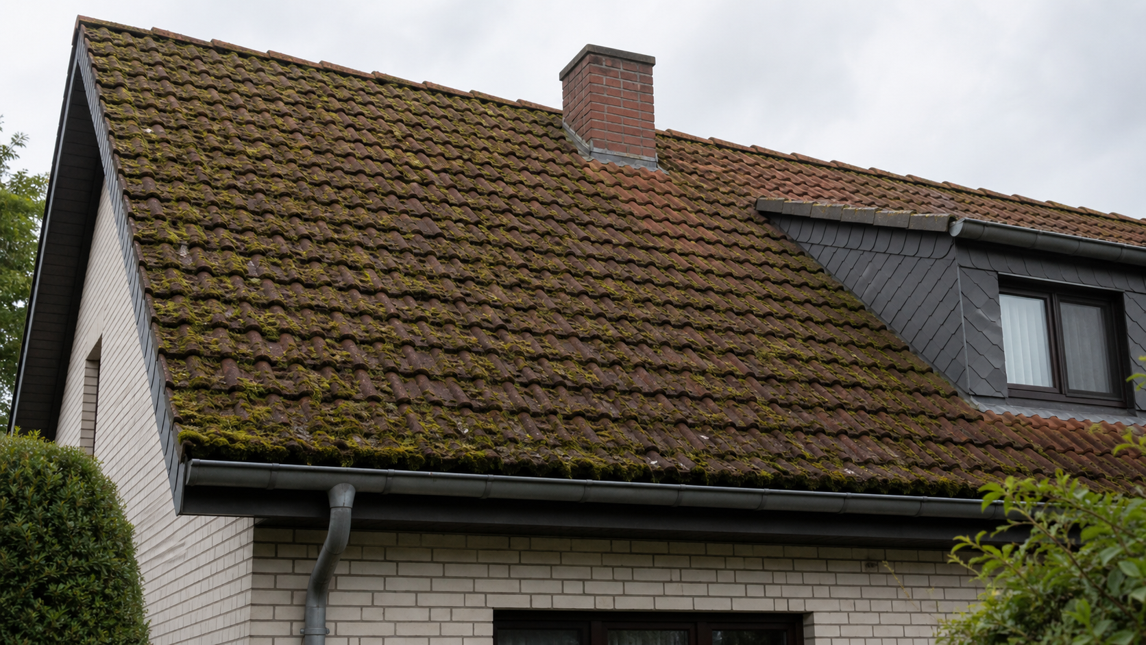 Moos auf Dach Bad Oeynhausen – starker Moosbefall auf Ziegeldach vor professioneller Entfernung durch Sanierfix24