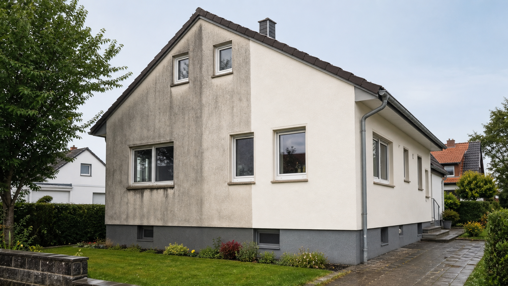 Fassadenreinigung ohne Neuanstrich Hannover – Putzfassade Einfamilienhaus vorher vergraut nachher strahlend