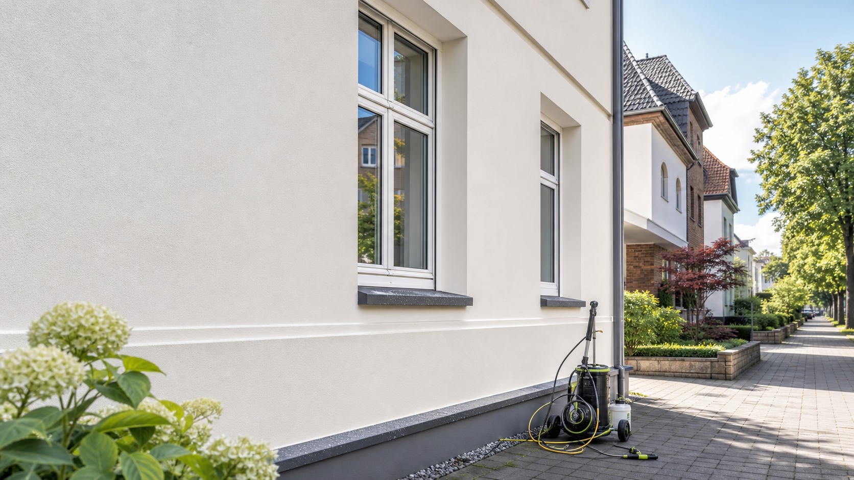 Professionelle Fassadenpflege und Langzeitschutz in Hannover – behandelte Fassade nach Algenentfernung